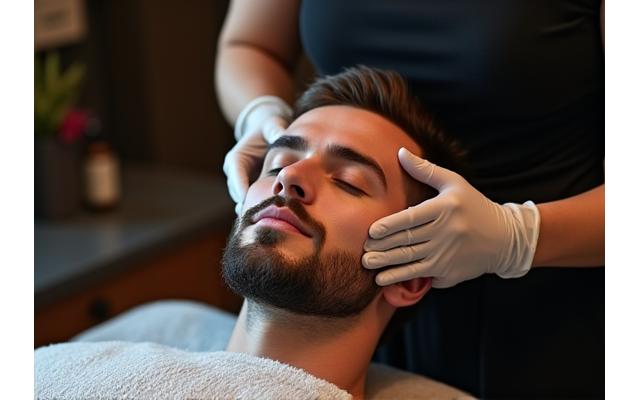 Man receiving a rejuvenating facial treatment in a modern spa setting